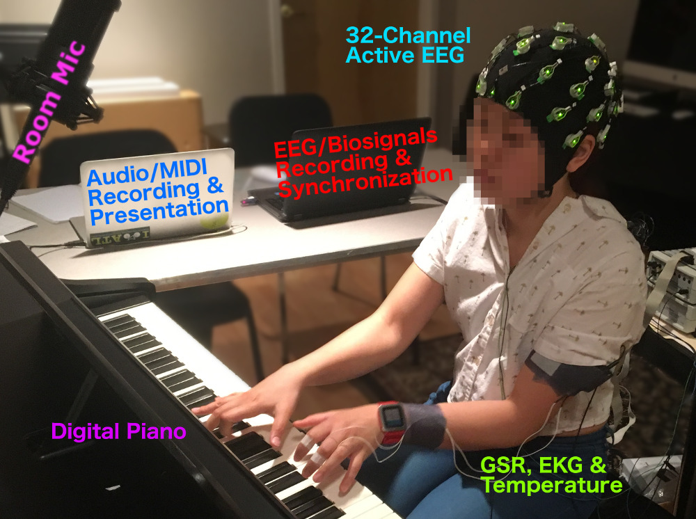 The purpose of this image is to give a sense for what went into this experiment. A music performer, and a lot of complex sensors including EEG.